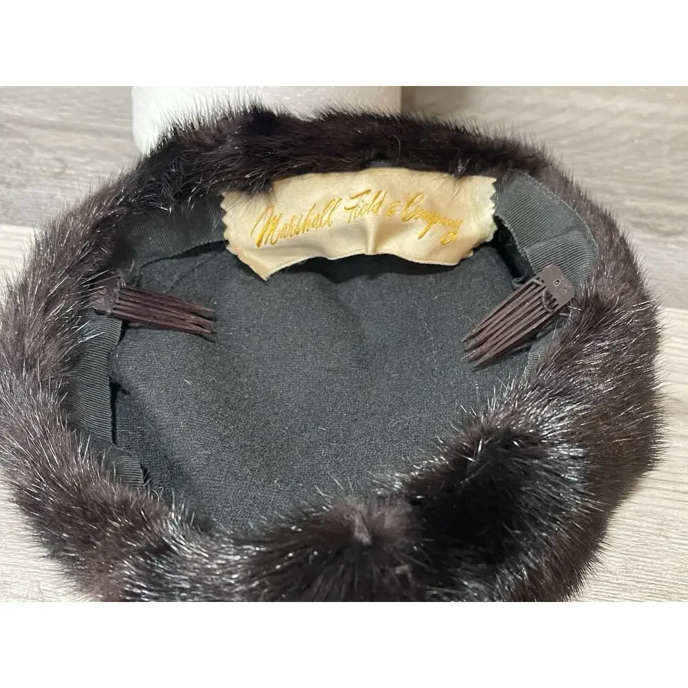 VTG 1950s Marshall Field’s Black Mink Fur Toque Hat Real Fur Classic Mid Century